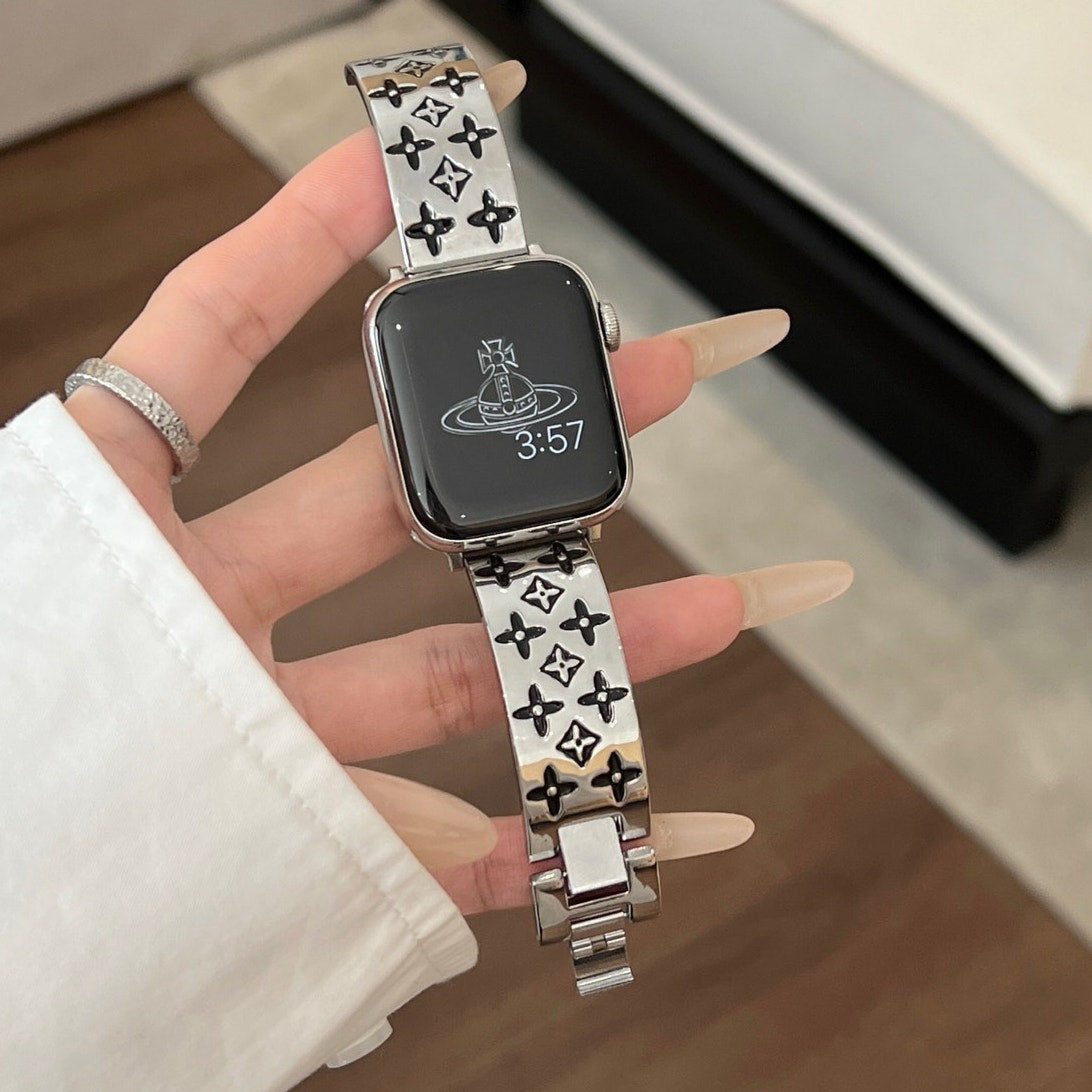 Premium Stainless Steel Floral-Pattern Link Watch Band – Gold or Silver