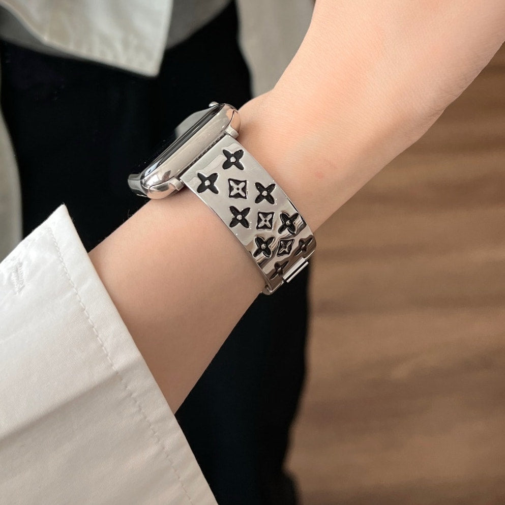 Premium Stainless Steel Floral-Pattern Link Watch Band – Gold or Silver