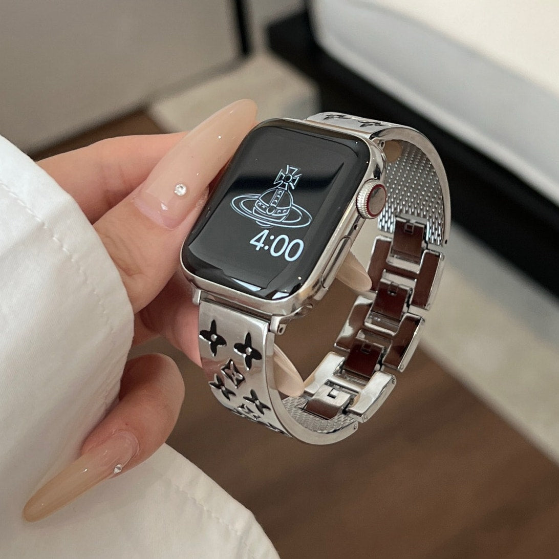 Premium Stainless Steel Floral-Pattern Link Watch Band – Gold or Silver