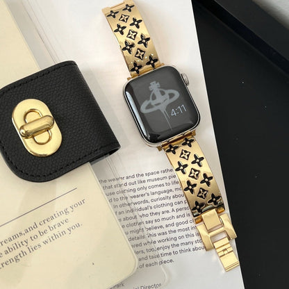 Premium Stainless Steel Floral-Pattern Link Watch Band – Gold or Silver