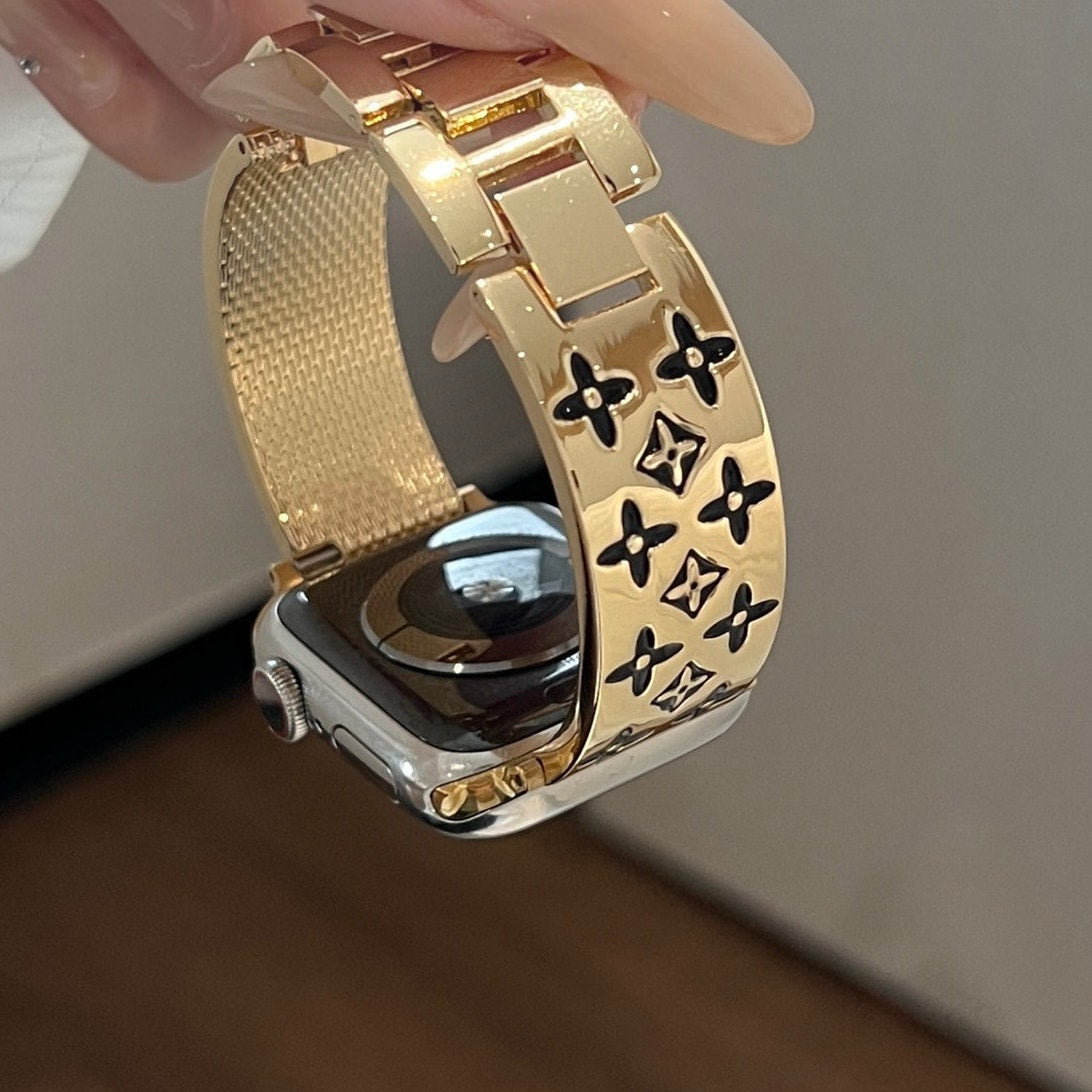 Premium Stainless Steel Floral-Pattern Link Watch Band – Gold or Silver