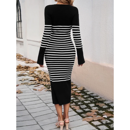 Deep V Striped Sweater Dress