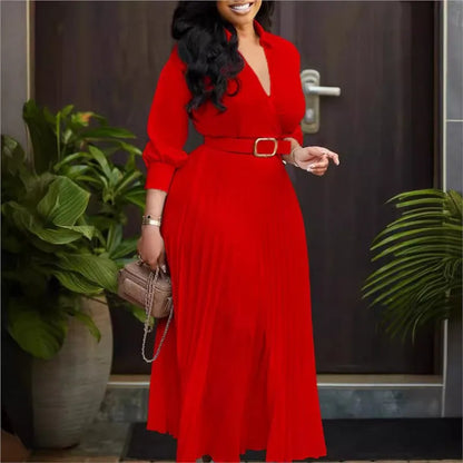 Autumn Pleated V-Neck Belt Midi Dress