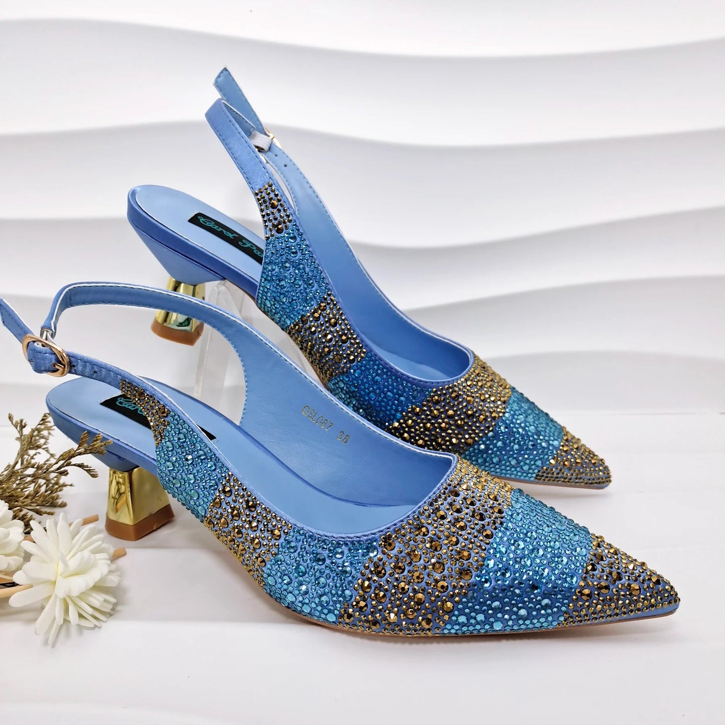 Italian Elegance: Sky Blue Rhinestone Satin Heels