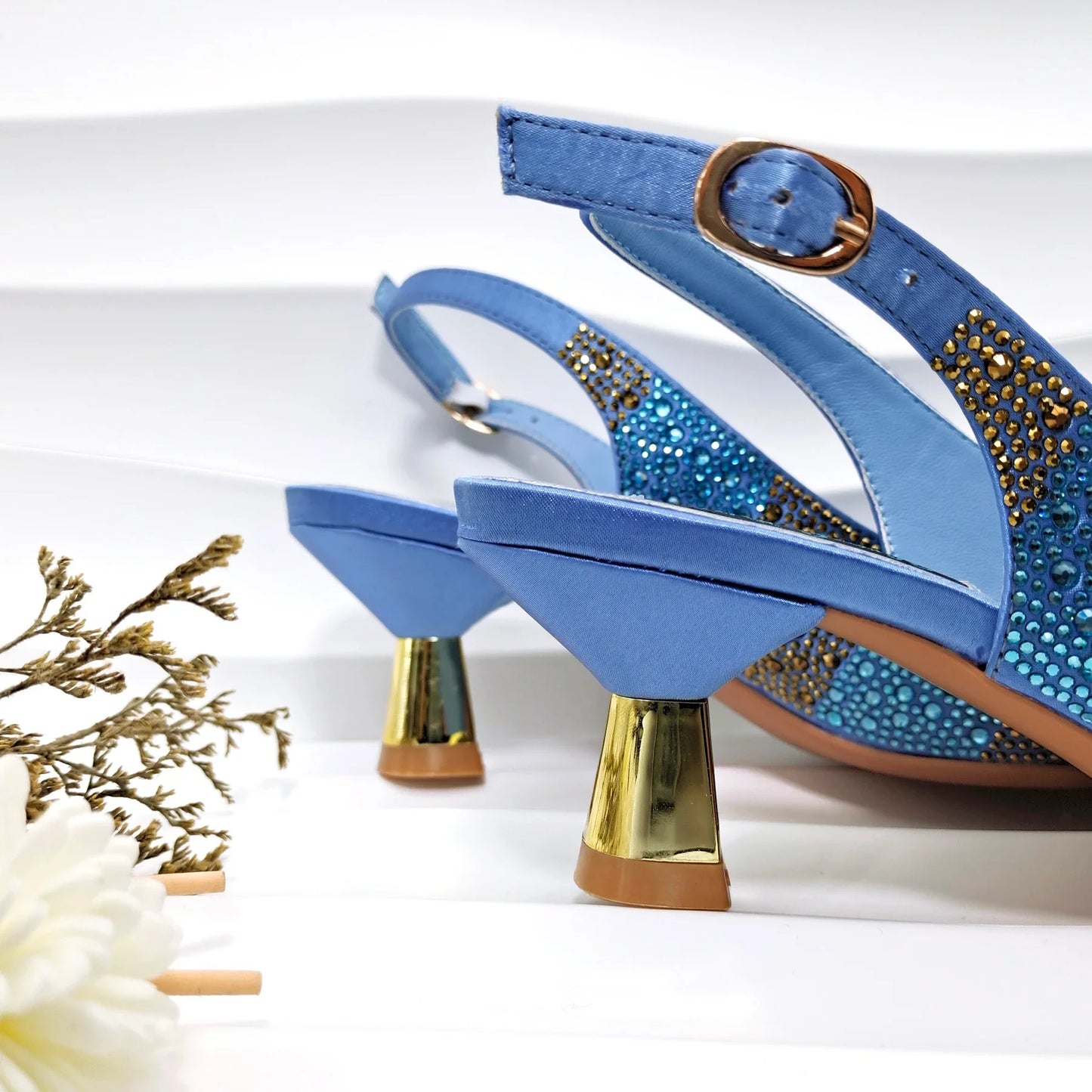 Italian Elegance: Sky Blue Rhinestone Satin Heels