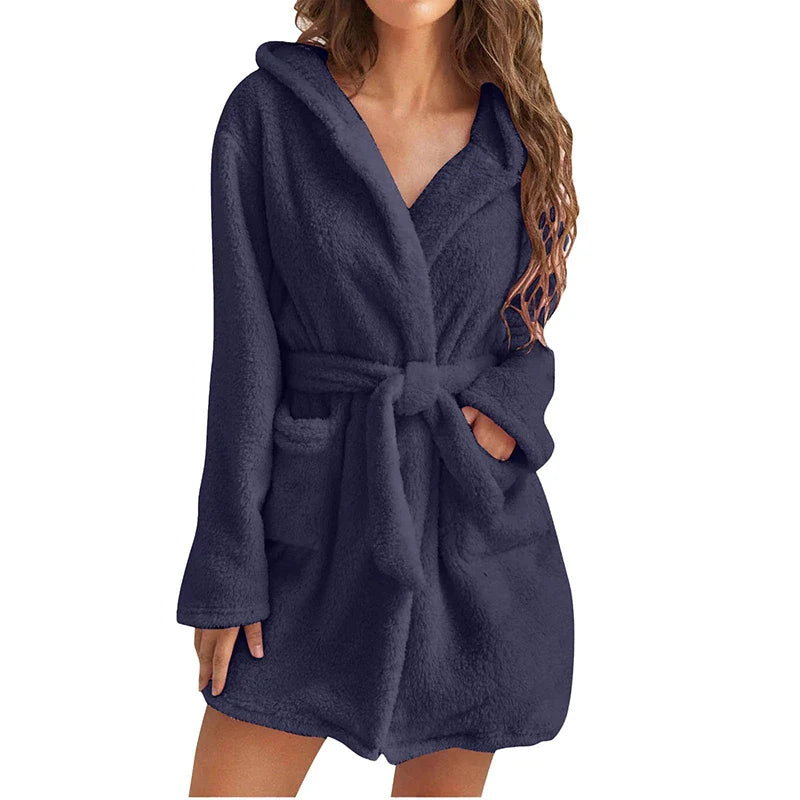 Warm Hooded Flannel Bathrobe
