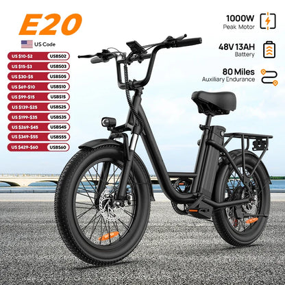 1000W E20 Electric Bike – 48V 13Ah Removable Battery
