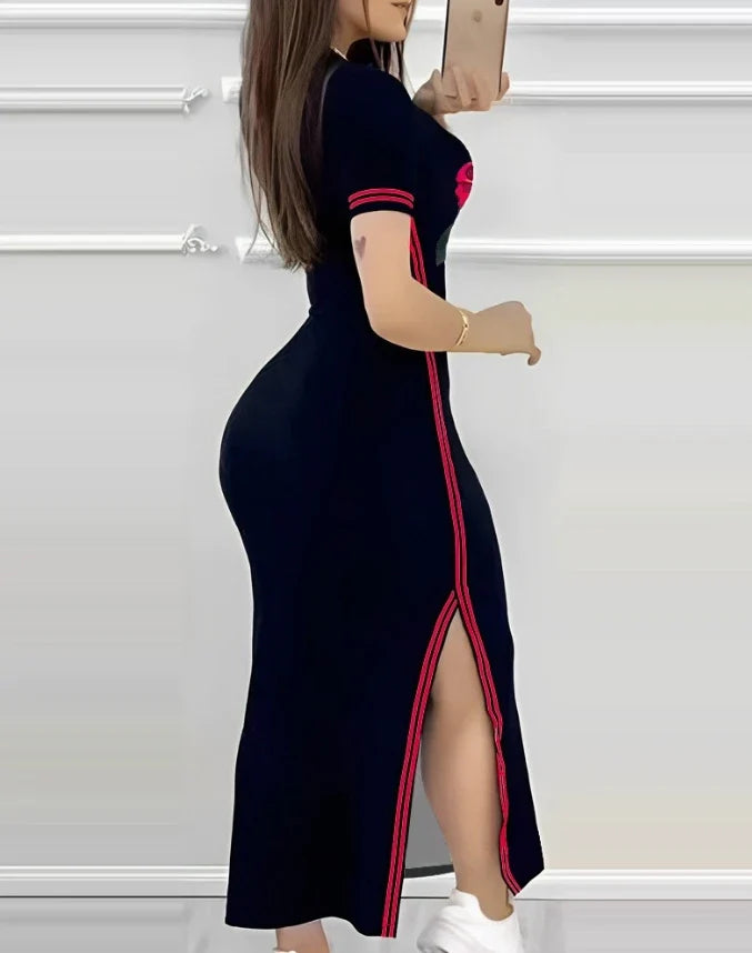 Rose Print Side Slit Dress