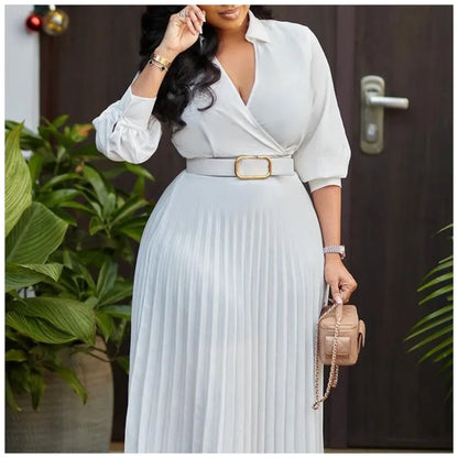 Autumn Pleated V-Neck Belt Midi Dress