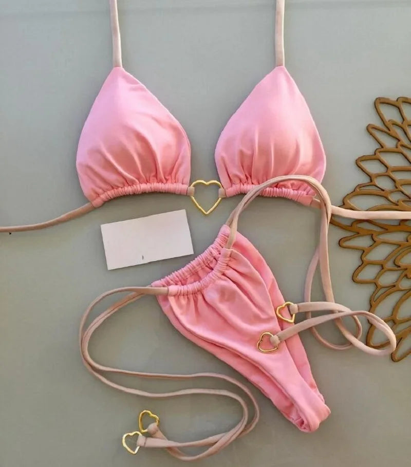 Solid Color Halter Bikini Set