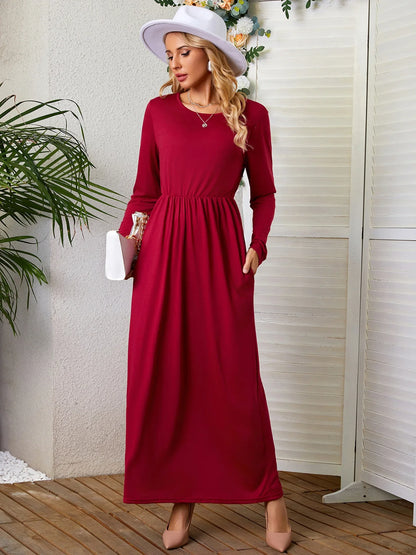 Autumn Winter Solid Color Pocket Maxi Dress