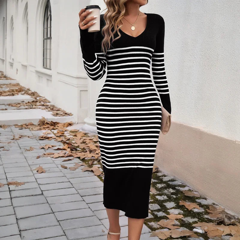 Deep V Striped Sweater Dress