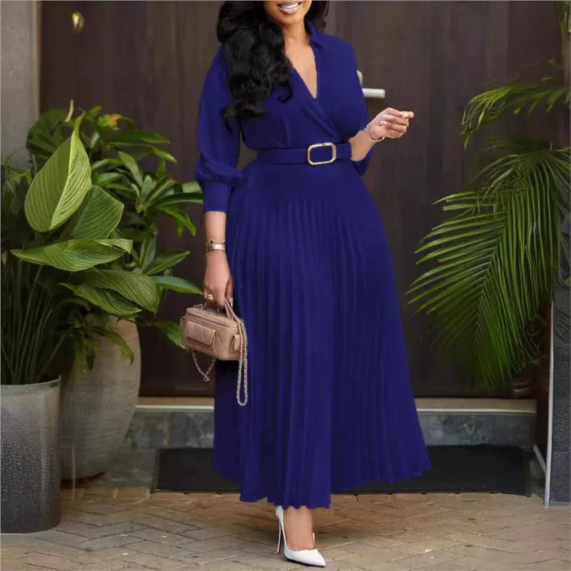 Autumn Pleated V-Neck Belt Midi Dress