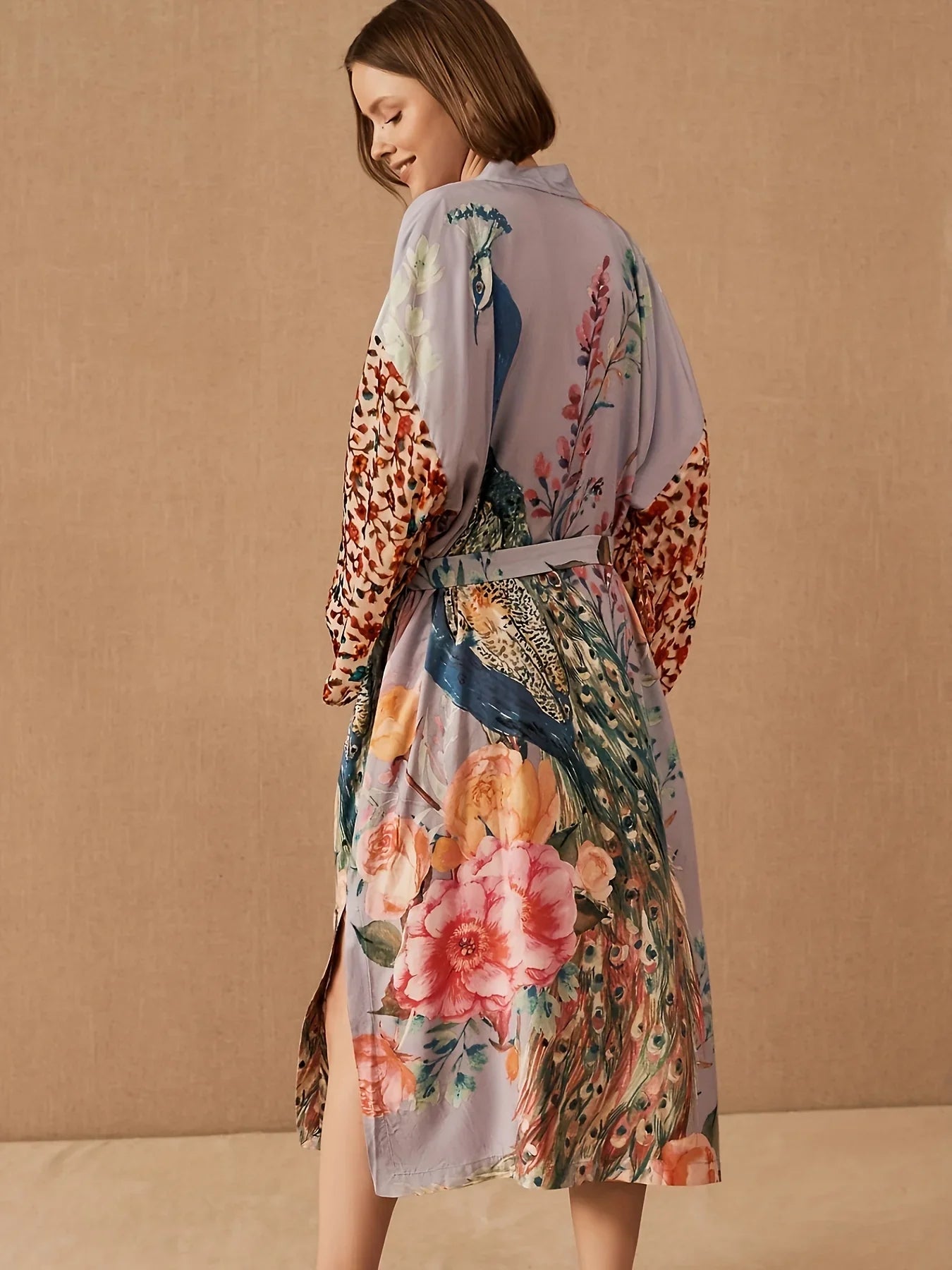 Peacock Print Beach Kimono