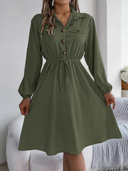 Autumn Winter Button-Up Tie Waist Shirt Dress