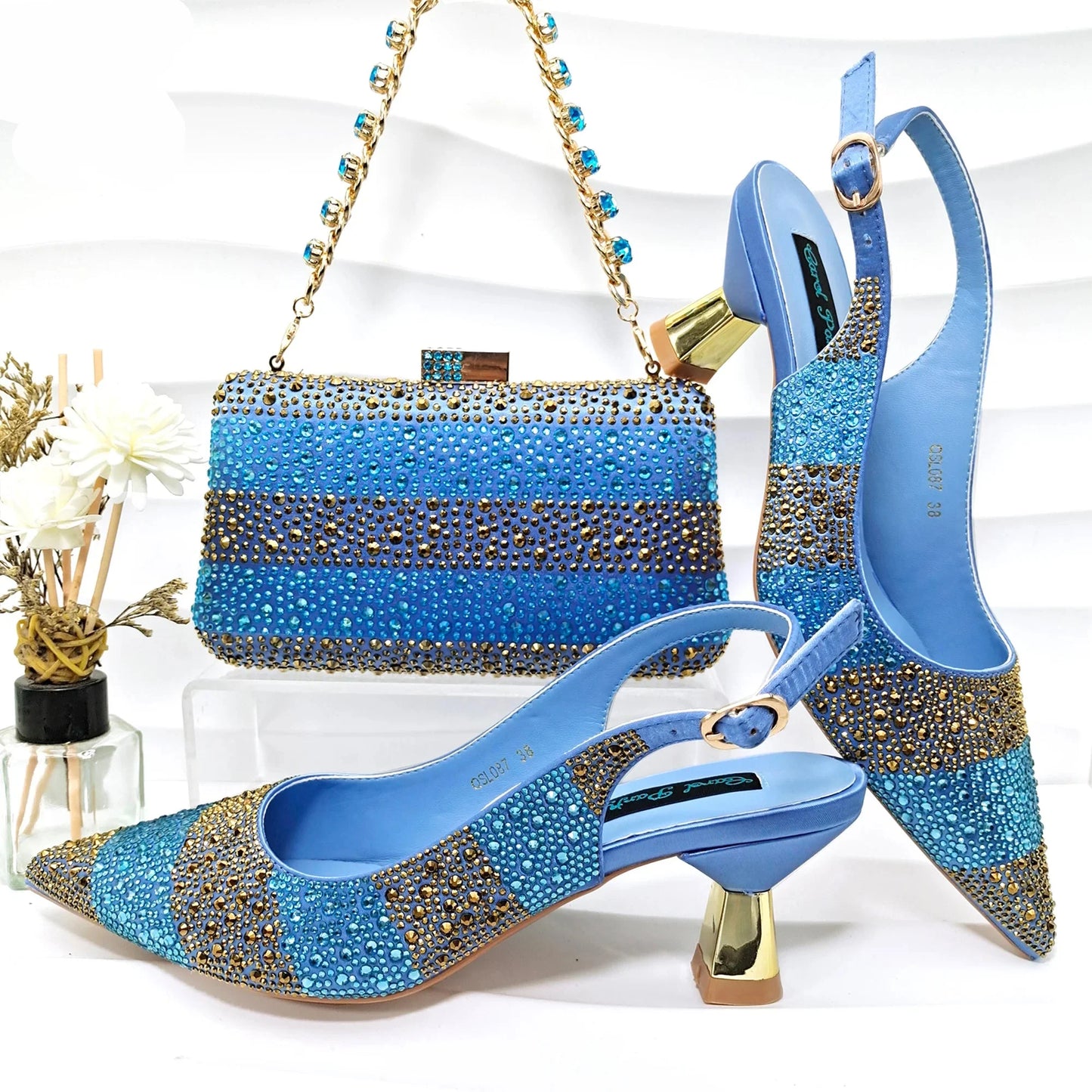 Italian Elegance: Sky Blue Rhinestone Satin Heels