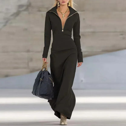 Elegant Long Sleeve Polo Collar Maxi Dress
