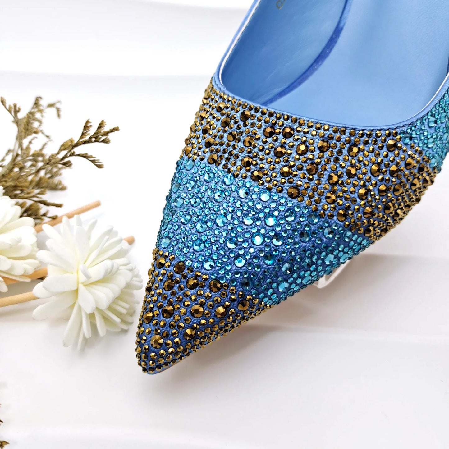 Italian Elegance: Sky Blue Rhinestone Satin Heels
