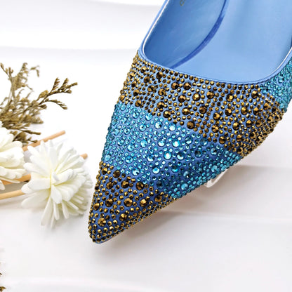 Italian Elegance: Sky Blue Rhinestone Satin Heels