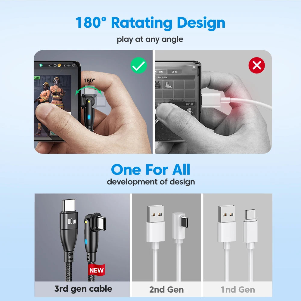 100W USB-C to USB-C Fast Charging Cable with 180° Rotating Connector