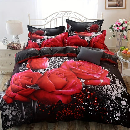 2/3pcs Red Rose Print Duvet Cover Set