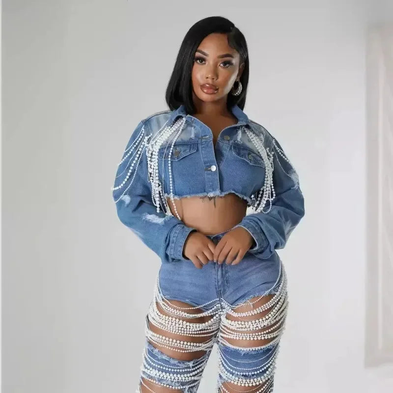 Pearls Tassel Denim Jacket & Pant