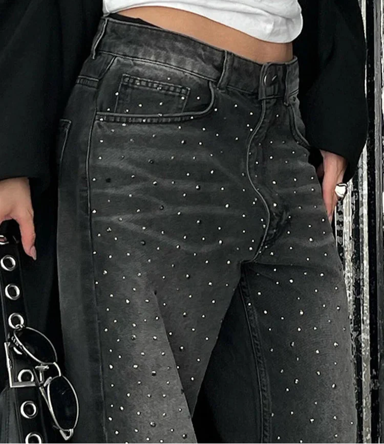 Black Rhinestone Baggy Jeans
